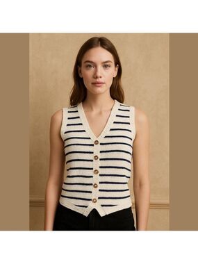 Sincerely Jules Stripped Cotton Blend Knit Vest Cream Black Clueless Academia M
